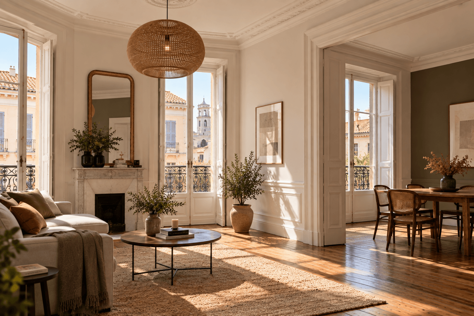 Séjour lumineux aux murs ivoire et moulures rénovées dans un appartement à Perpignan