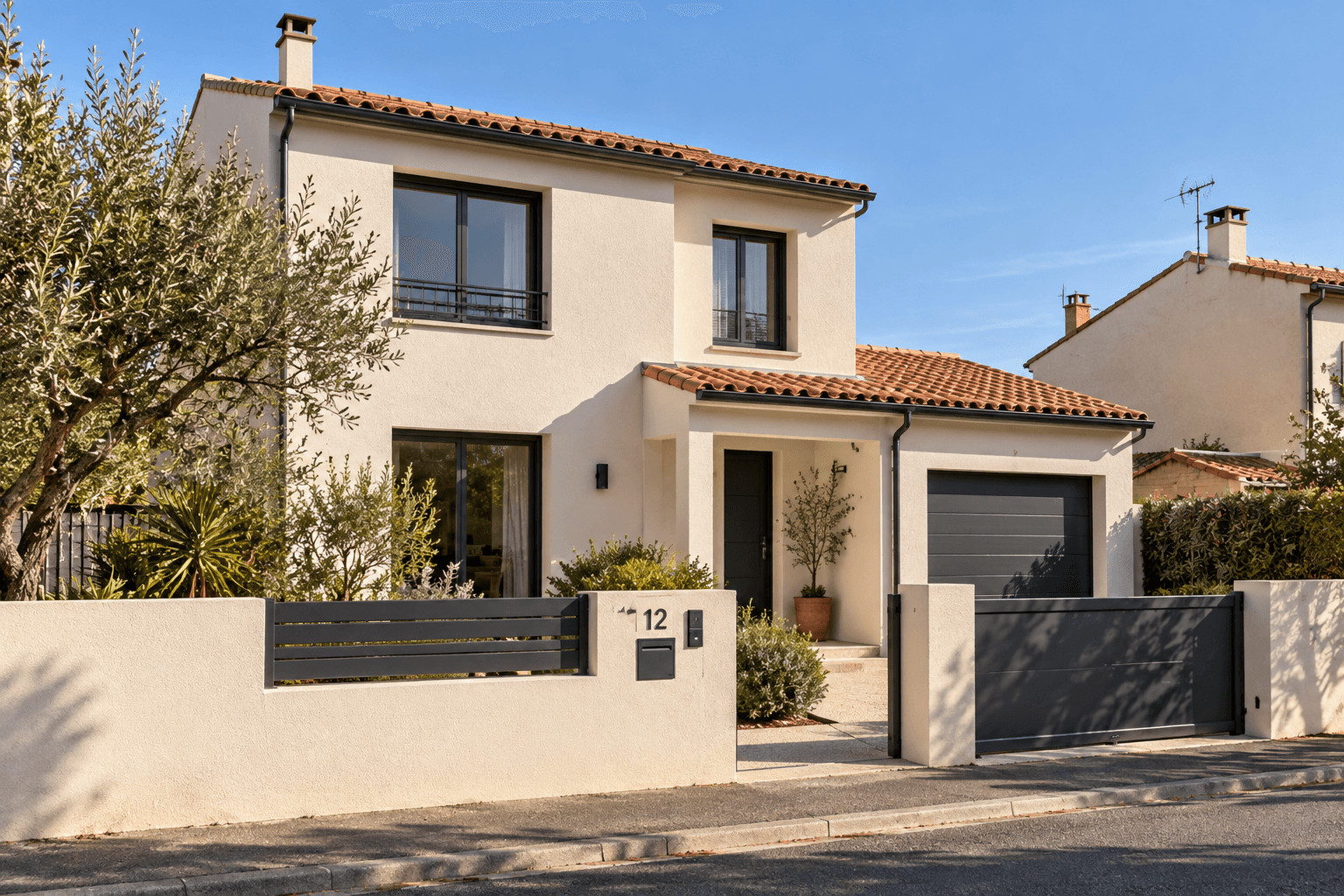 Façade rénovée d’une maison aux tons clairs et menuiseries anthracite à Pollestres