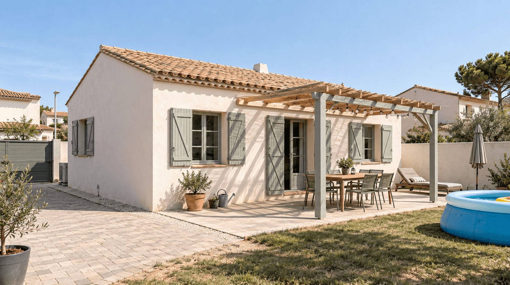 Maison aux façades claires et volets vert sauge à Canet-en-Roussillon