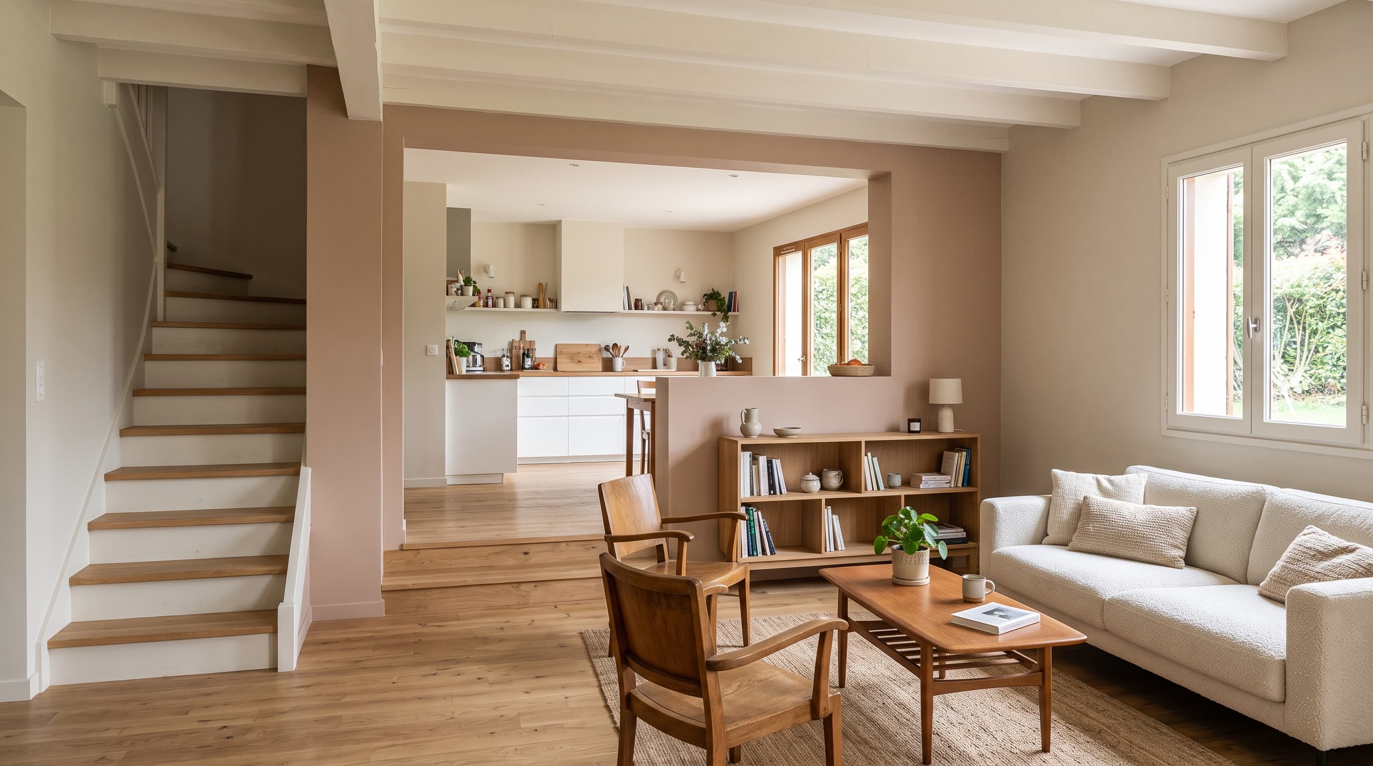 Pièce de vie rénovée aux tons grège et argile dans une maison à Saint-Estève