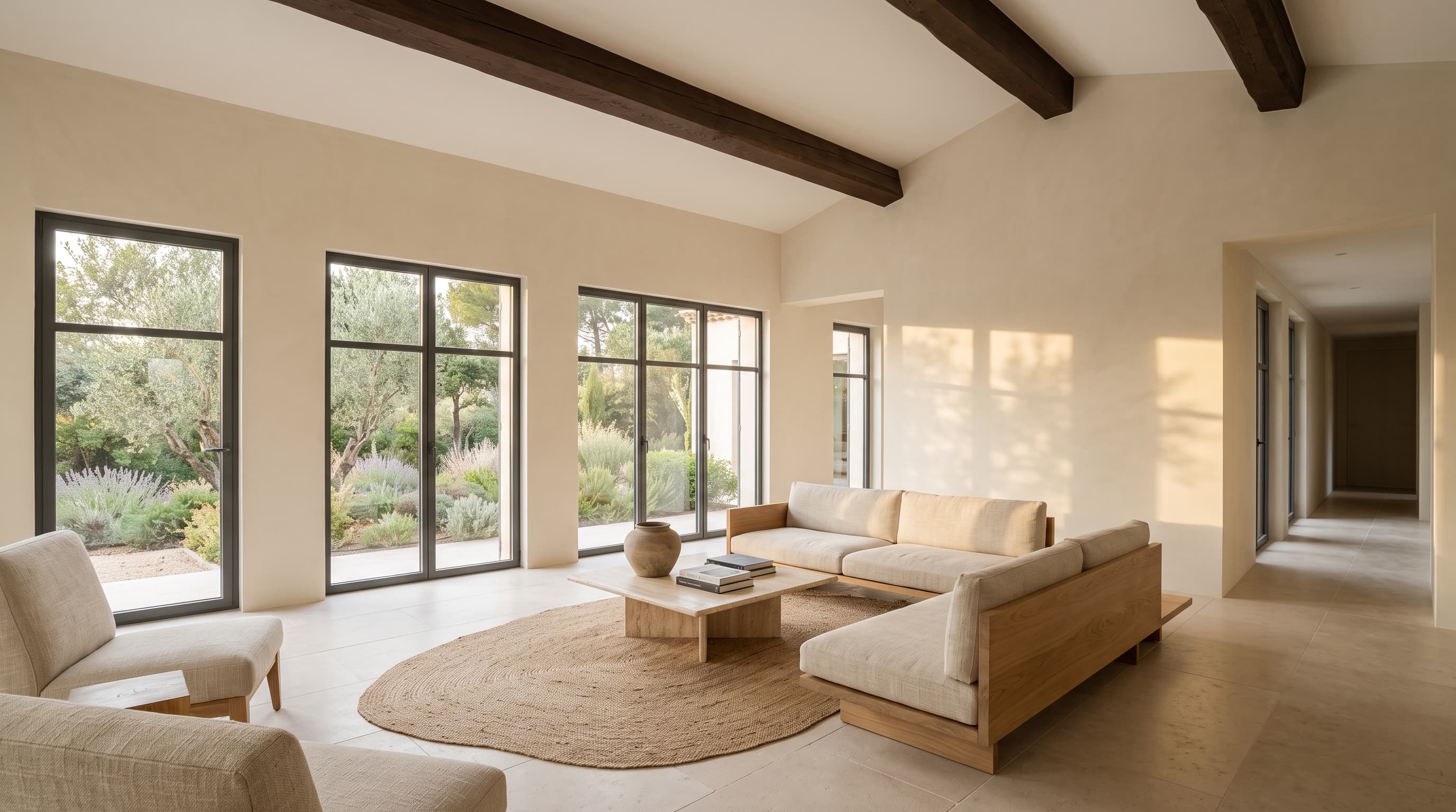 Pièce de vie aux murs minéraux rénovés dans une villa à Perpignan
